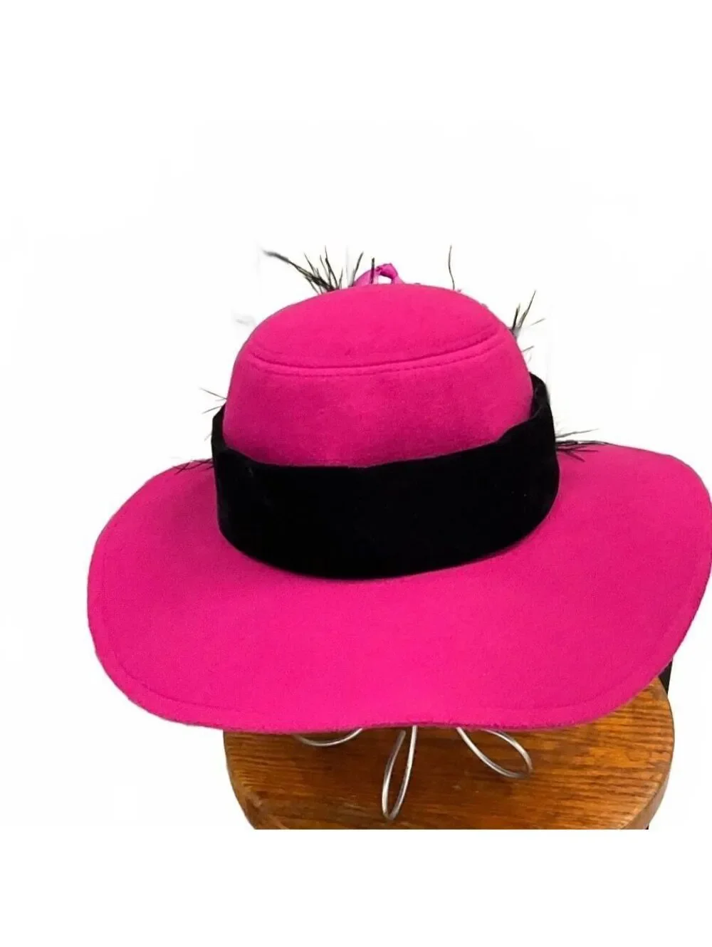 Hot Pink Felt Hat Black Velvet & Feather Embellishment